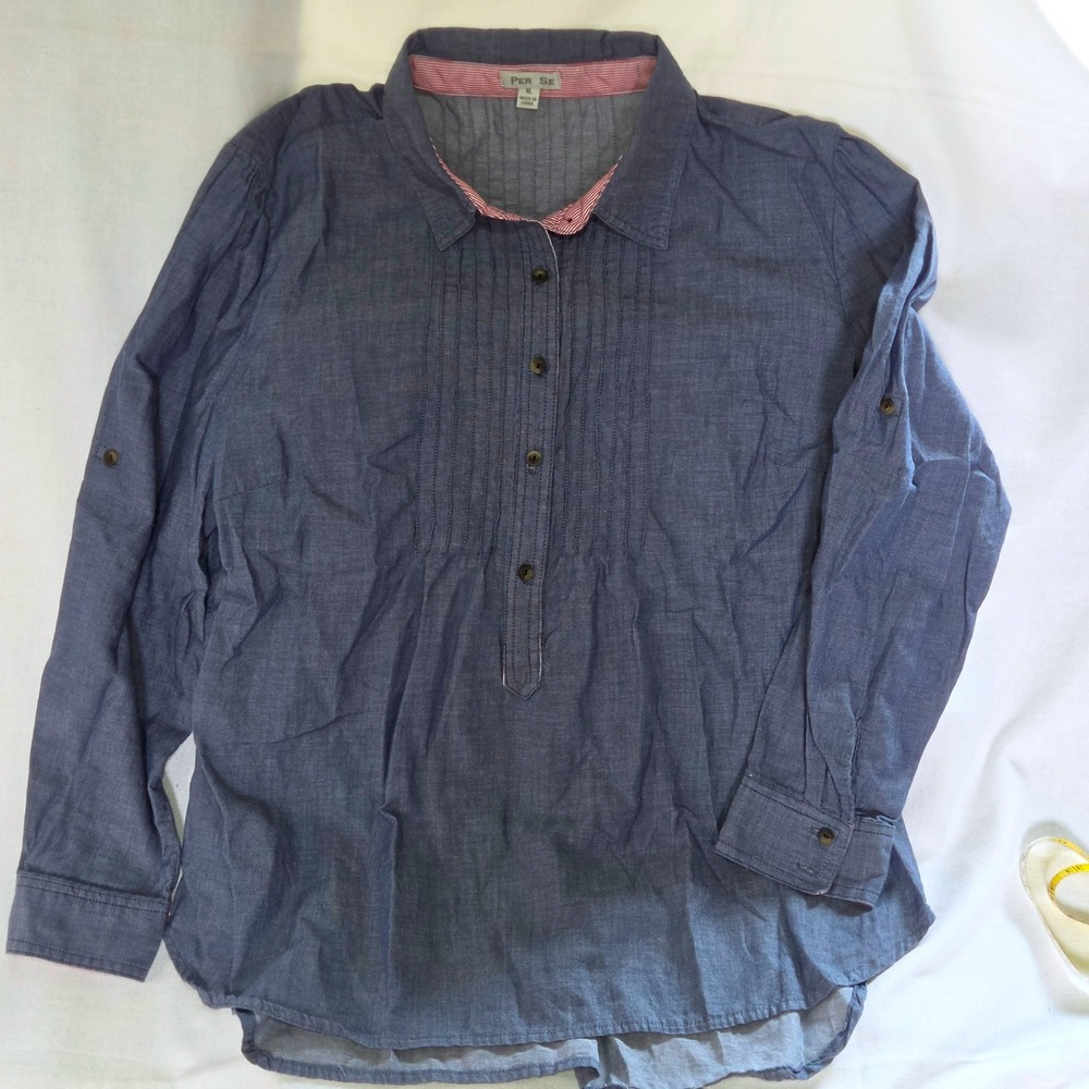 Per Se Chambray Tunic Womens XL Blue Excellent Pintuck Henley Roll Tab Sleeve